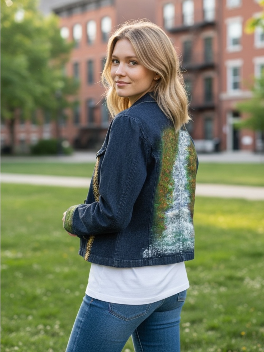 Lauren Ralph Lauren Navy Denim Jacket with Waterfall Back Graphic